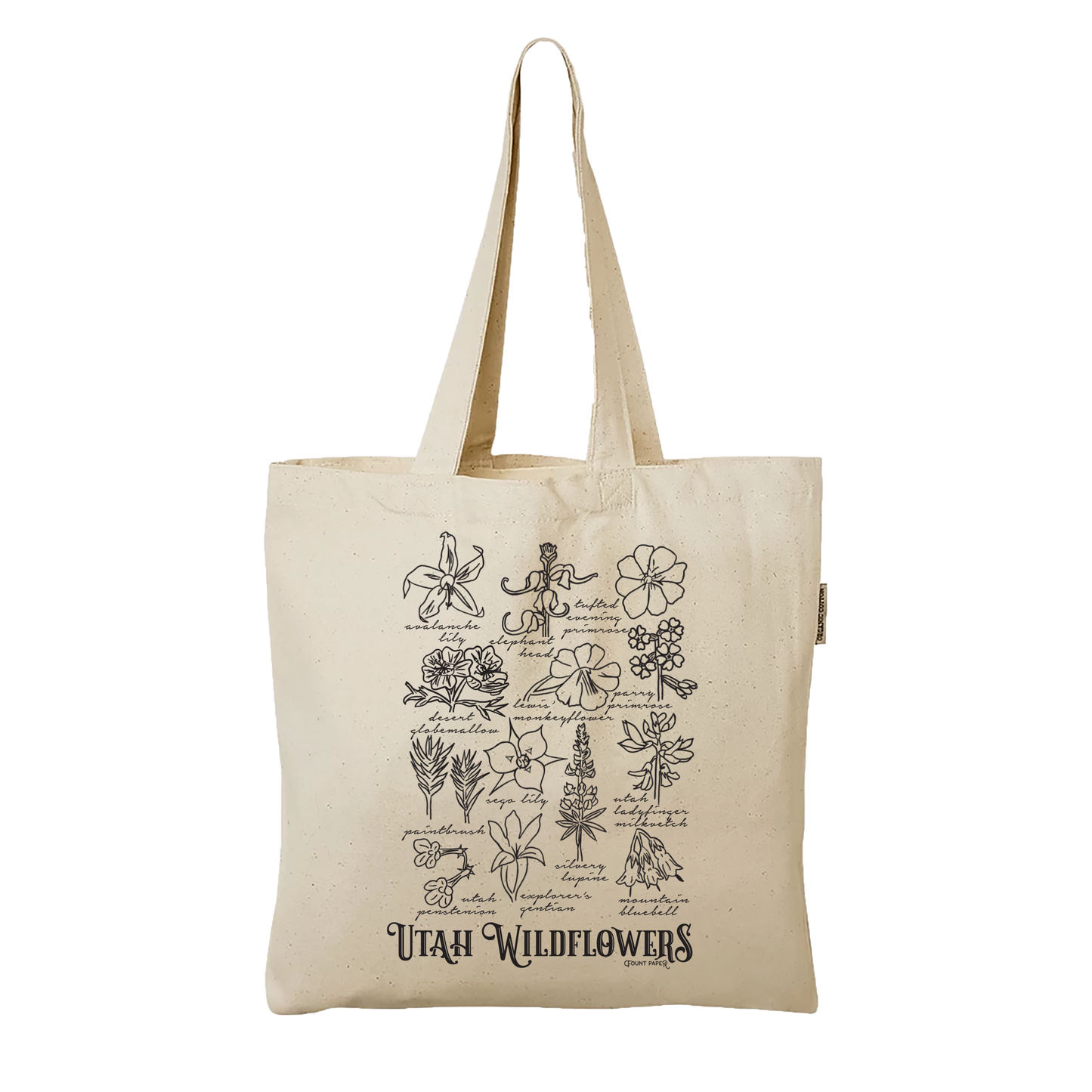 Utah Wildflowers canvas tote bag made of 100% organic cotton. Hand drawn flowers include sego lily, mountain bluebell, elephant head, indian paintbrush, and tufted evening primrose