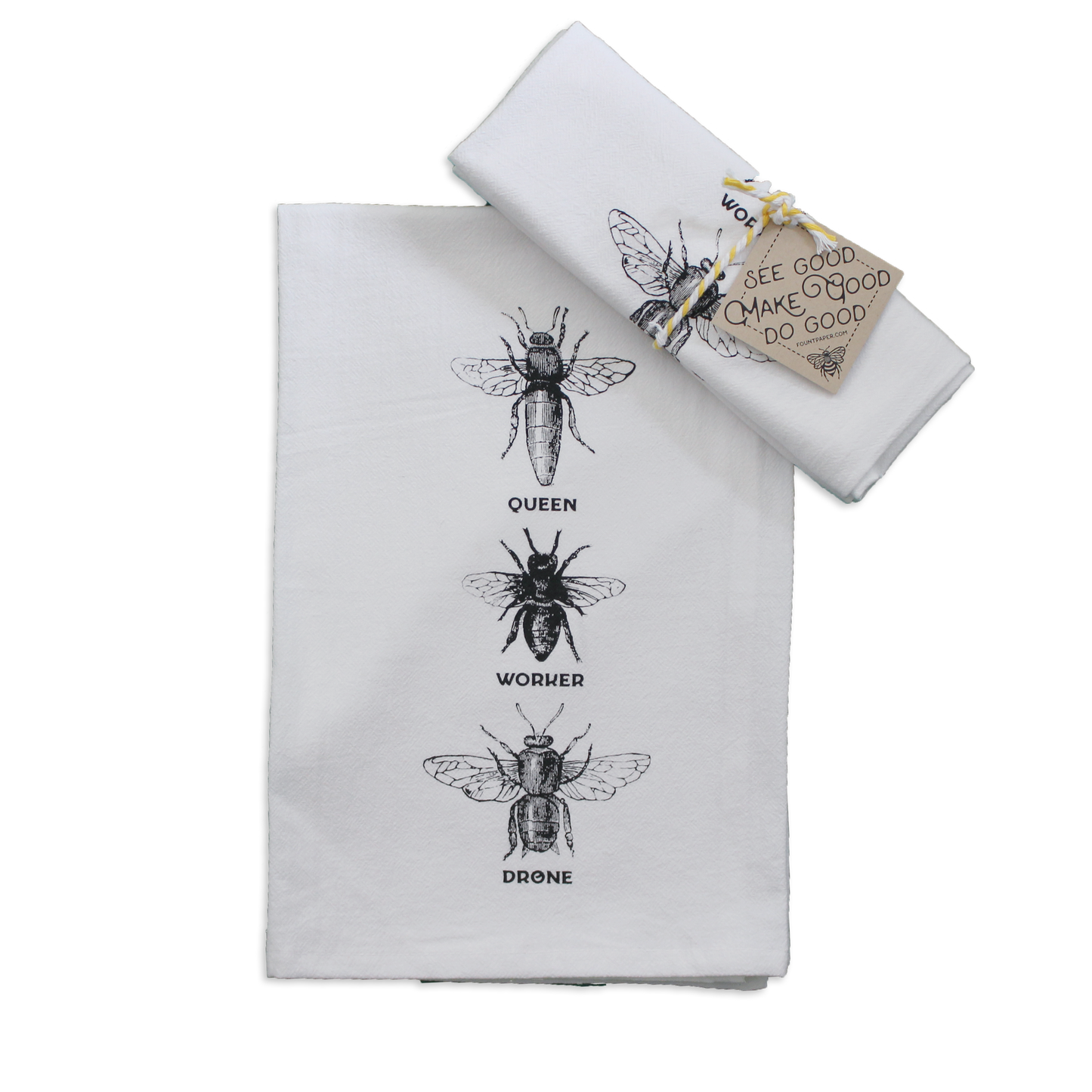 Queen bee worker bee and drone bee printed on a kitchen dish towel