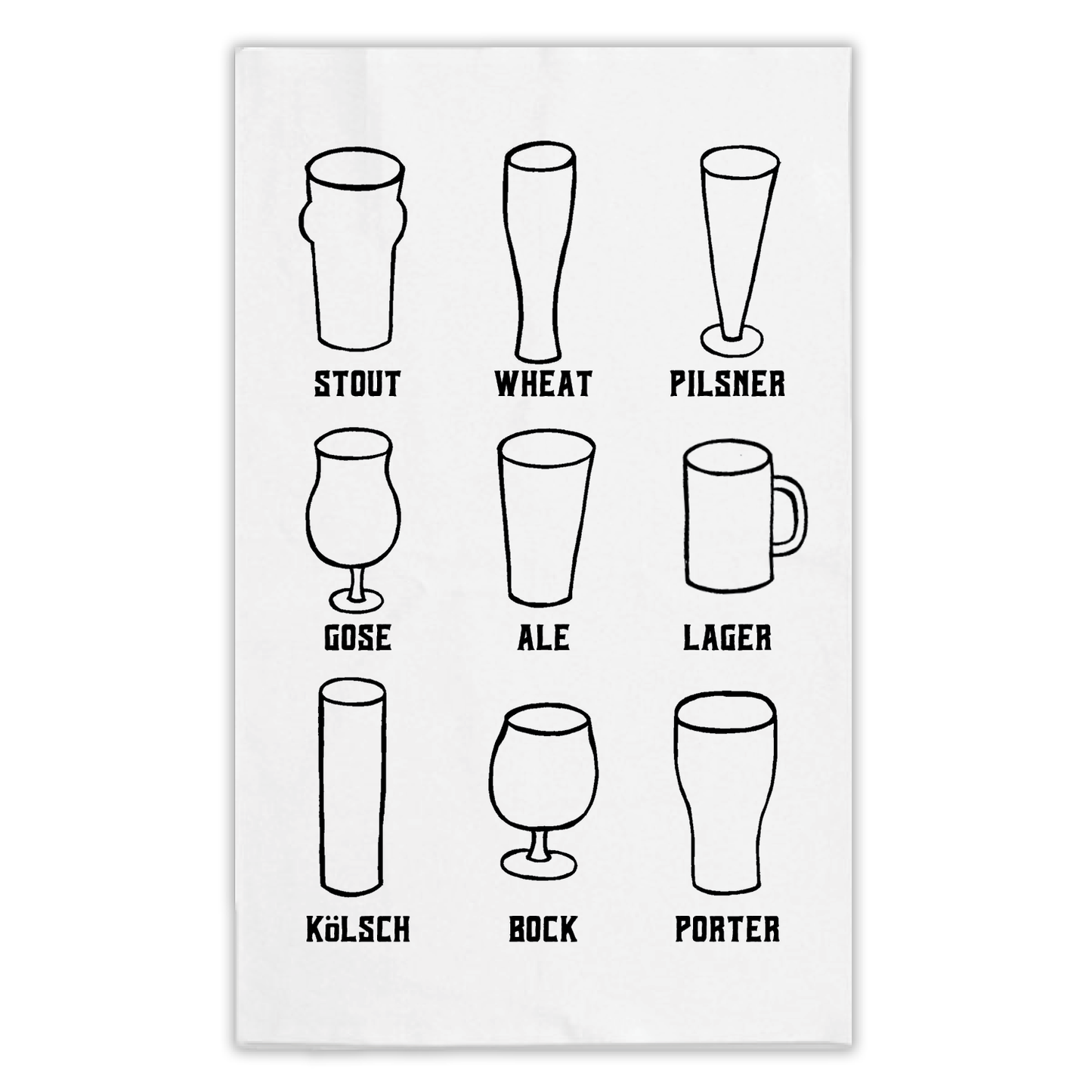 Assortment of hand drawn beer glasses on a white kitchen dish towel