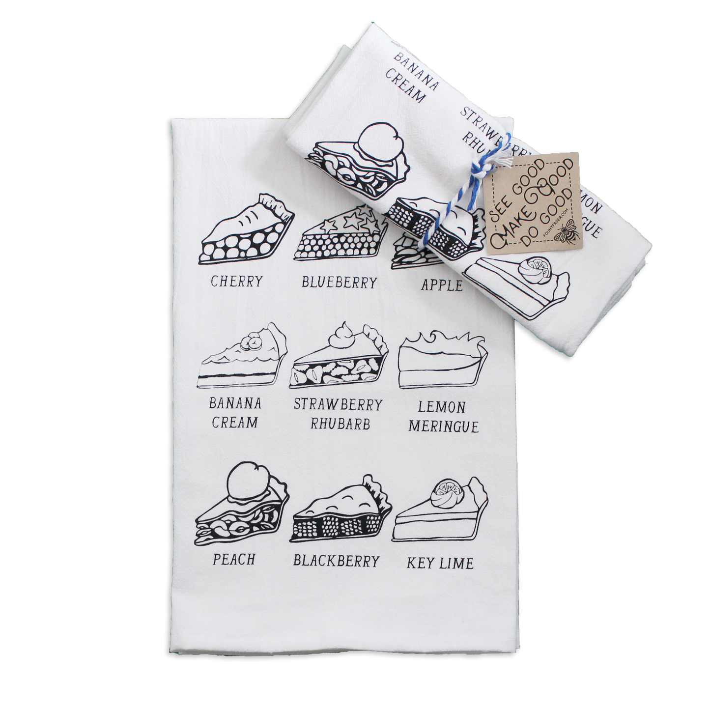 Gift wrapped tea towel displaying different pies including cherry pie, blueberry pie, apple pie, banana cream pie, strawberry rhubarb pie, lemon meringue pie, peach pie, blackberry pie, and key lime pie