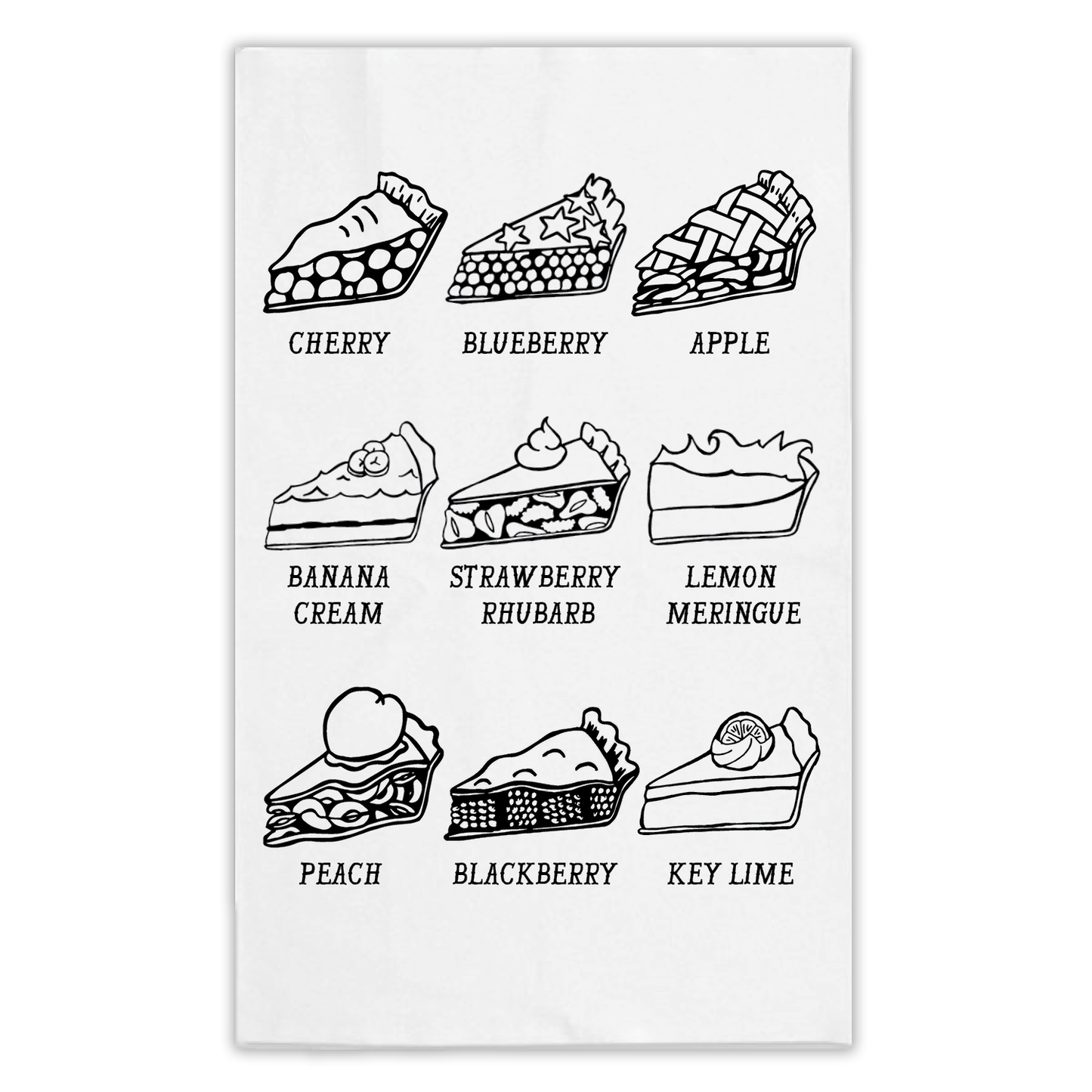 Tea towel displaying different pies including cherry pie, blueberry pie, apple pie, banana cream pie, strawberry rhubarb pie, lemon meringue pie, peach pie, blackberry pie, and key lime pie