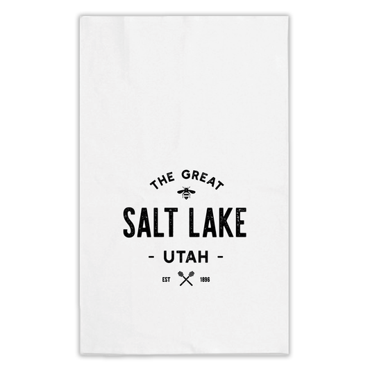 The Great Salt Lake tea towel with a cute bee and honey dipper details