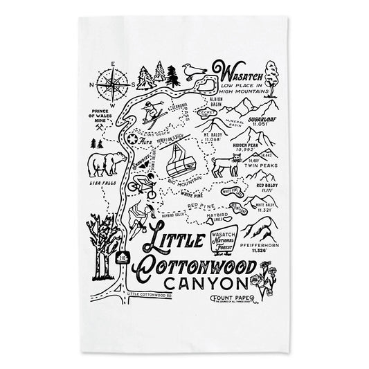 Hand drawn map of little cottonwood canyon featuring Alta and snowbird ski resorts printed on a tea towel