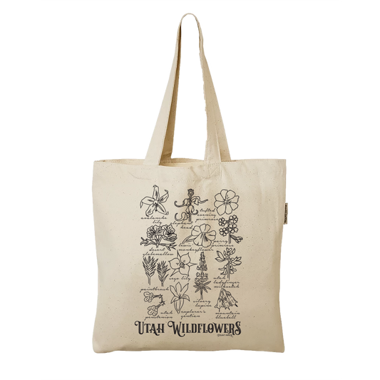 Utah Wildflowers canvas tote bag made of 100% organic cotton. Hand drawn flowers include sego lily, mountain bluebell, elephant head, indian paintbrush, and tufted evening primrose