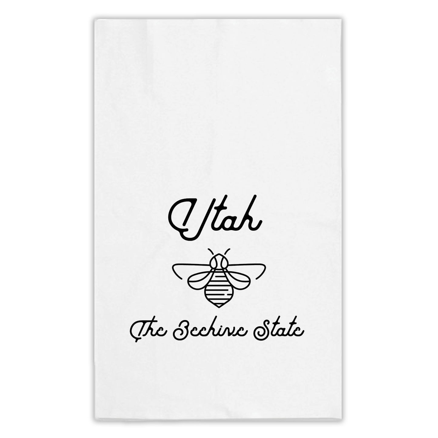 Utah the Beehive State tea towel in script cursive font featuring a line drawn bee.