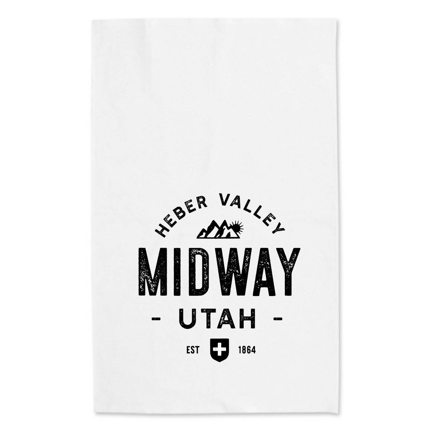 Heber Valley Midway Utah design printed on a white tea towel showing mountains and a Swiss flag