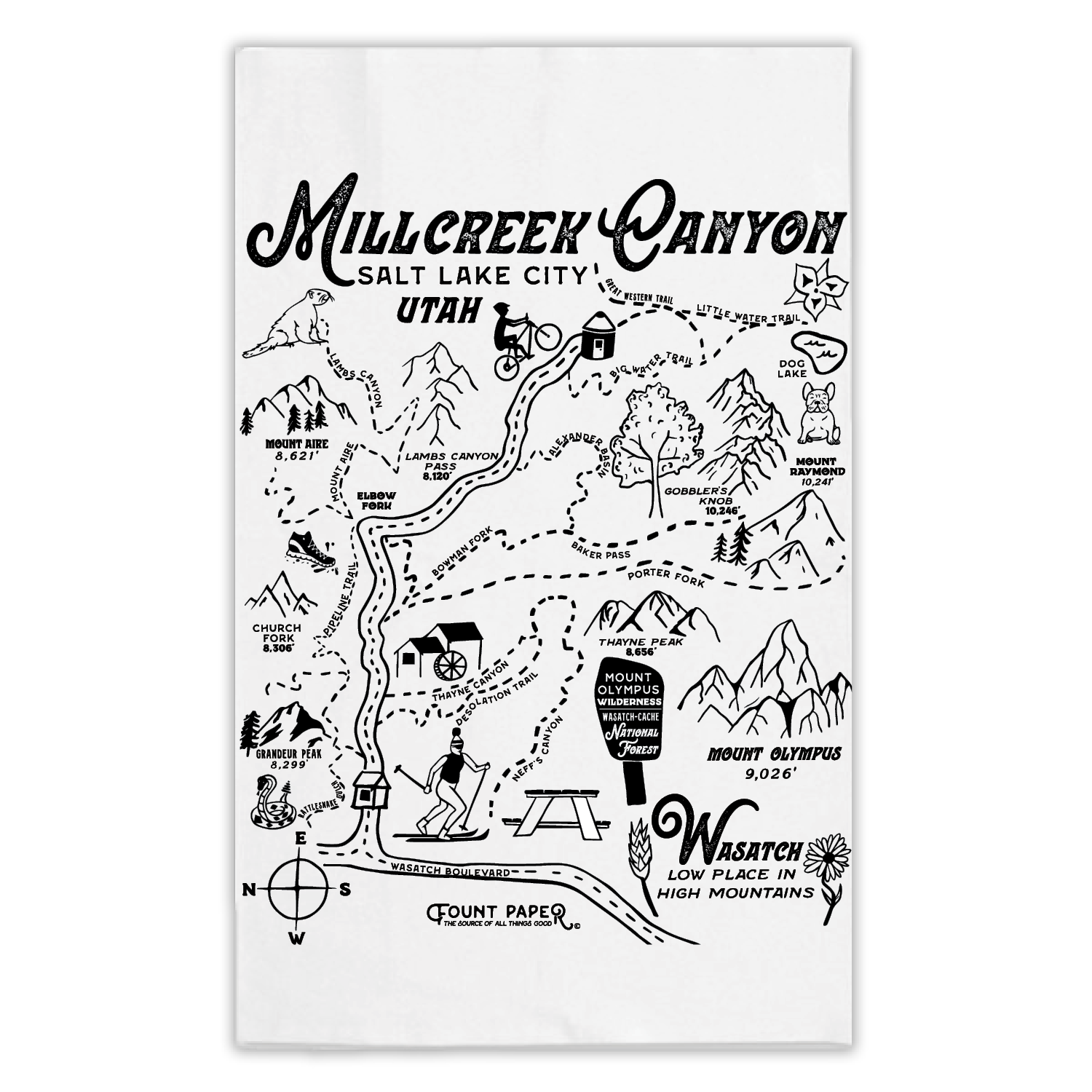 Hand drawn map of Millcreek canyon featuring printed on a tea towel