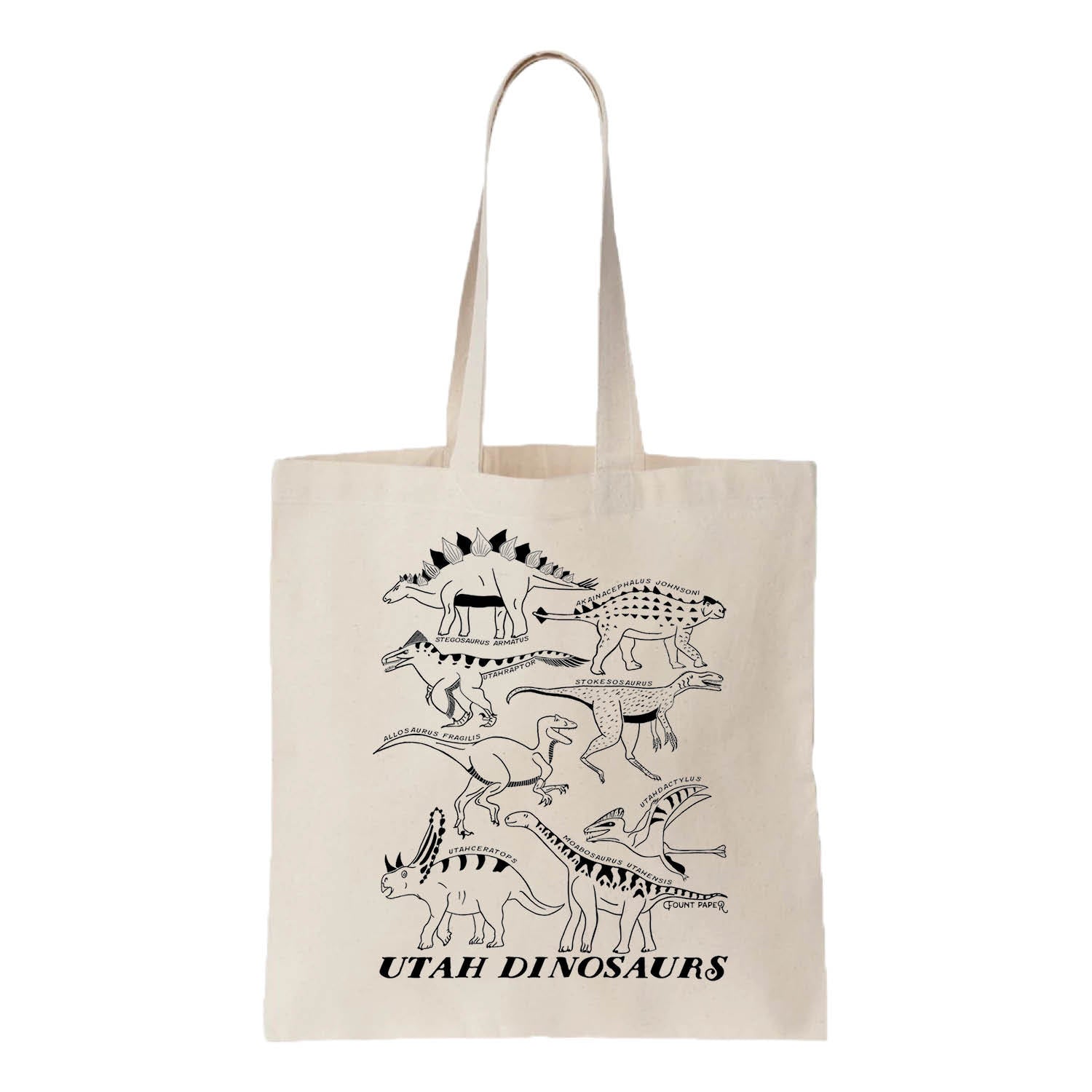 Canvas tote bag with hand drawn Utah Dinosaurs in black ink.
