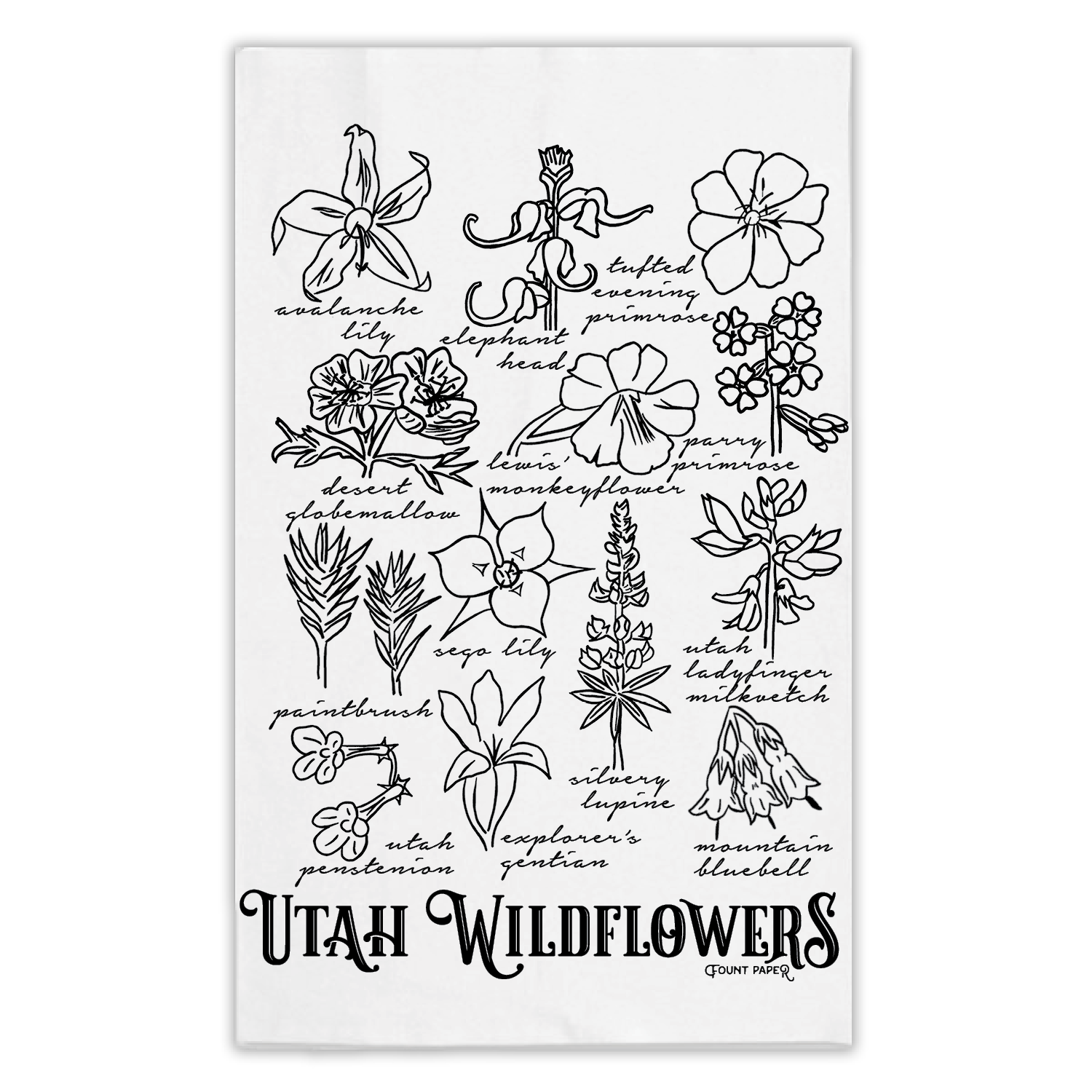 Hand drawn wildflowers from Utah printed with black ink on a white tea towel