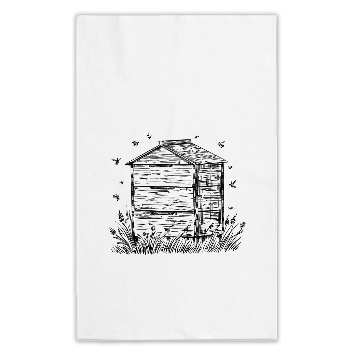 Kitchen towel printed with a Beehive box with bees swarming around it