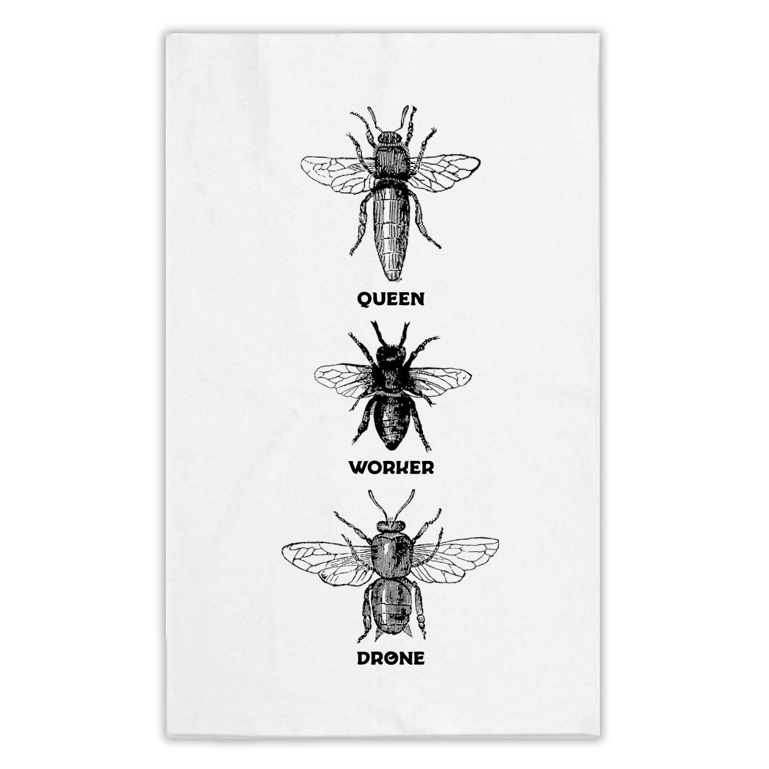 Queen bee worker bee and drone bee printed on a kitchen dish towel