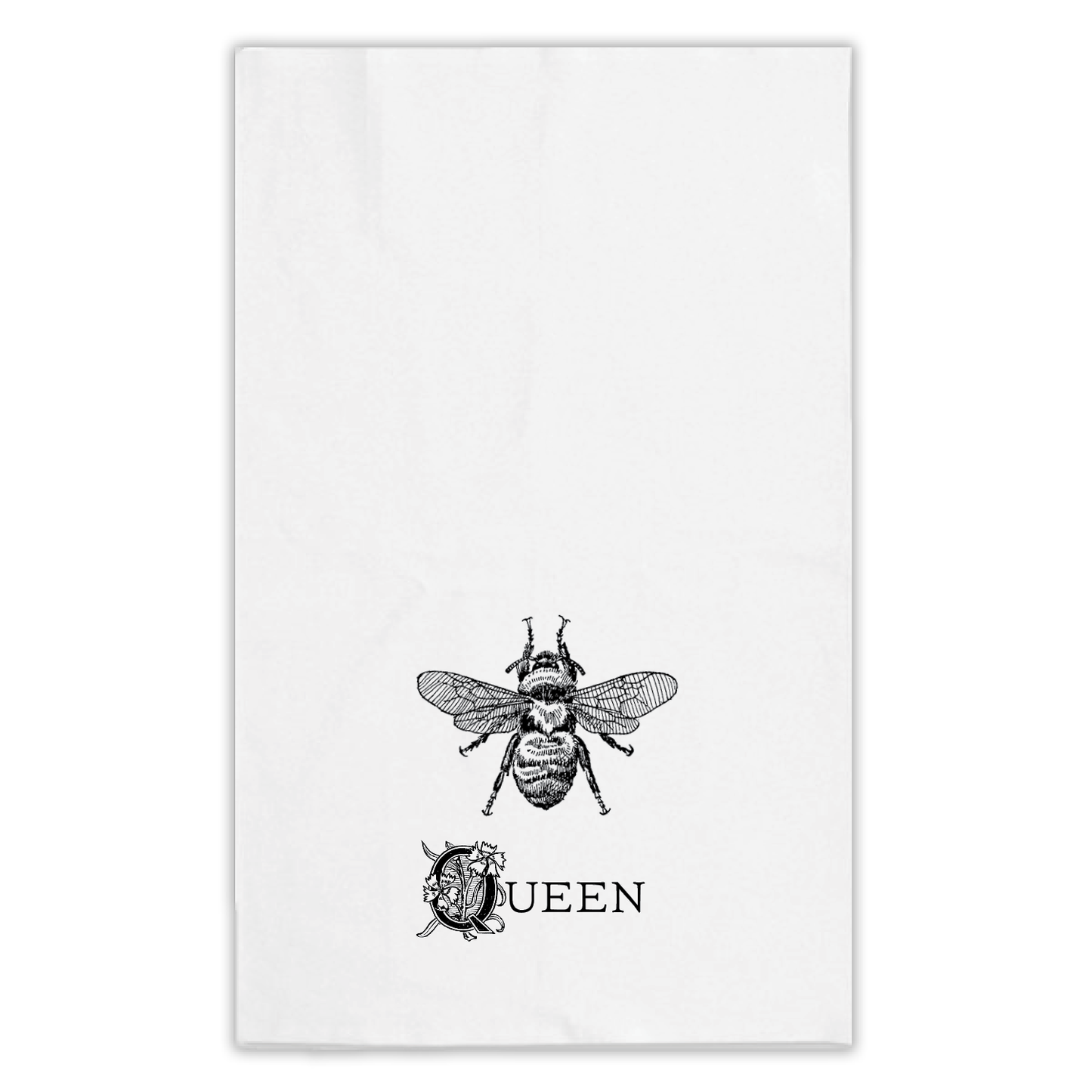Queen bee tea towel with a bee and decorative ornate Q printed on a kitchen towel
