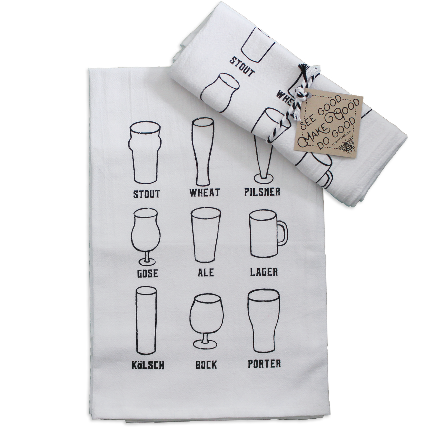 White kitchen towel wrapped in ribbon as a gift showing different beer mugs and types of beer to drink from