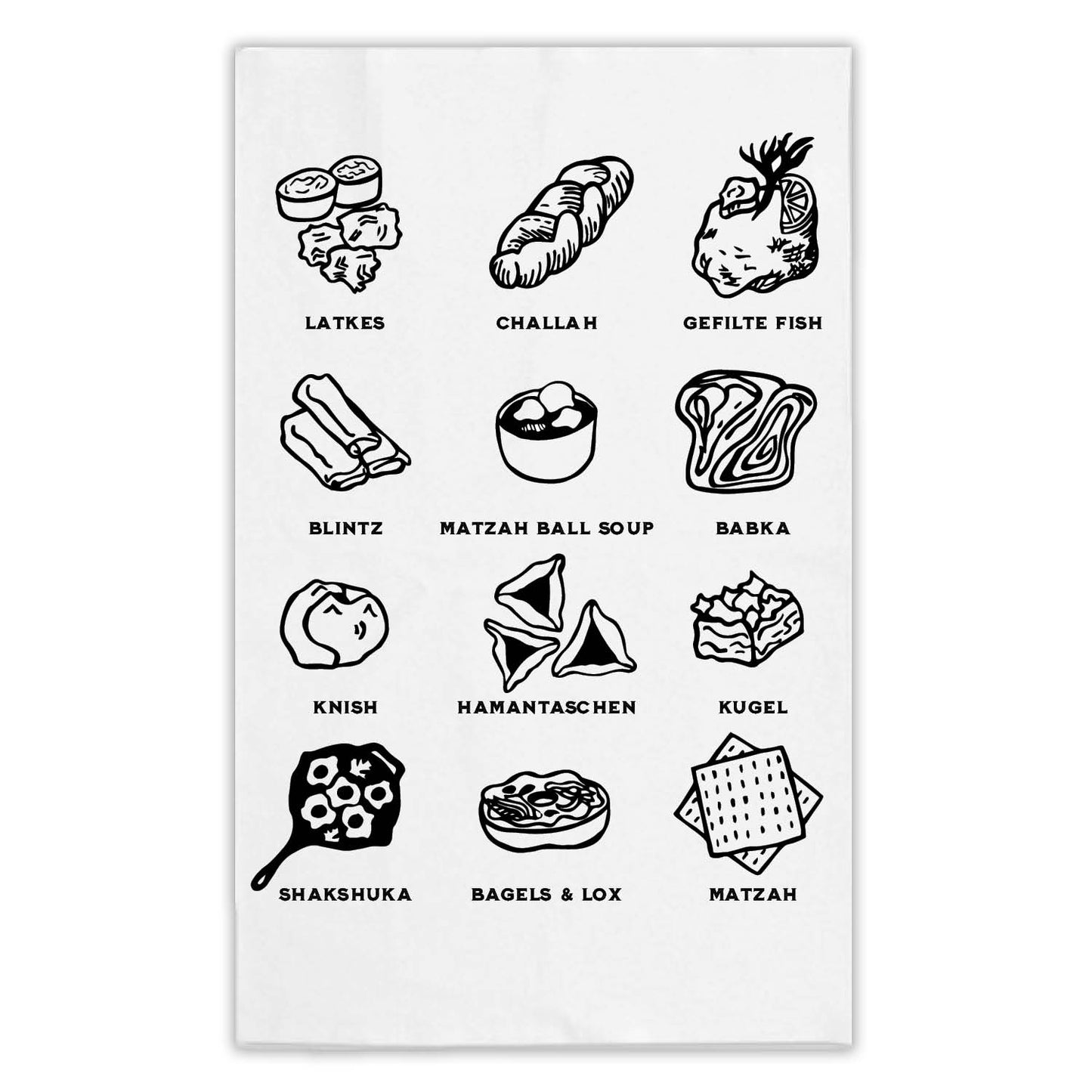 Jewish foods tea towel printed with latkes, challah bread, gefilte fish, blintz, matzah ball soup, babka, knish, hamantaschen, kugel, shakshuka, bagels and lox, and matzah