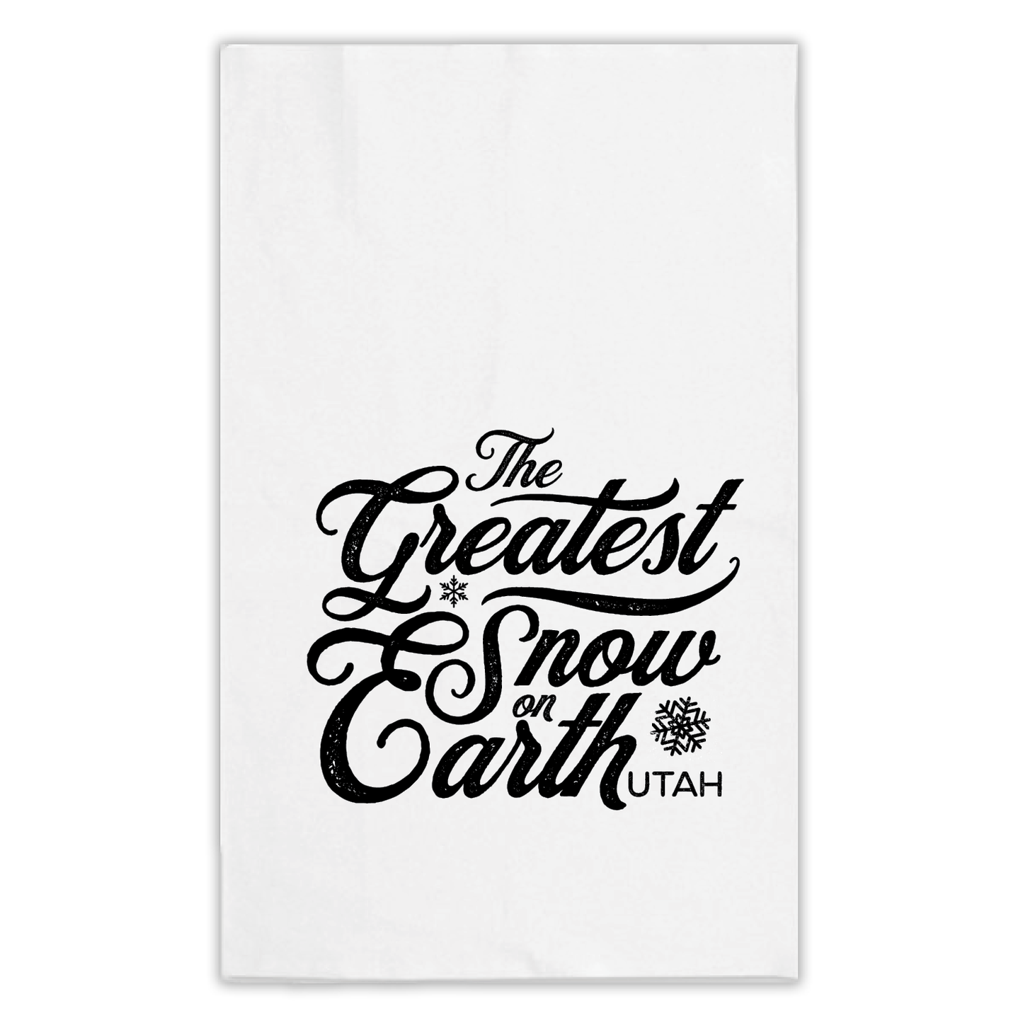 The Greatest Snow on Earth tea towel with snowflakes