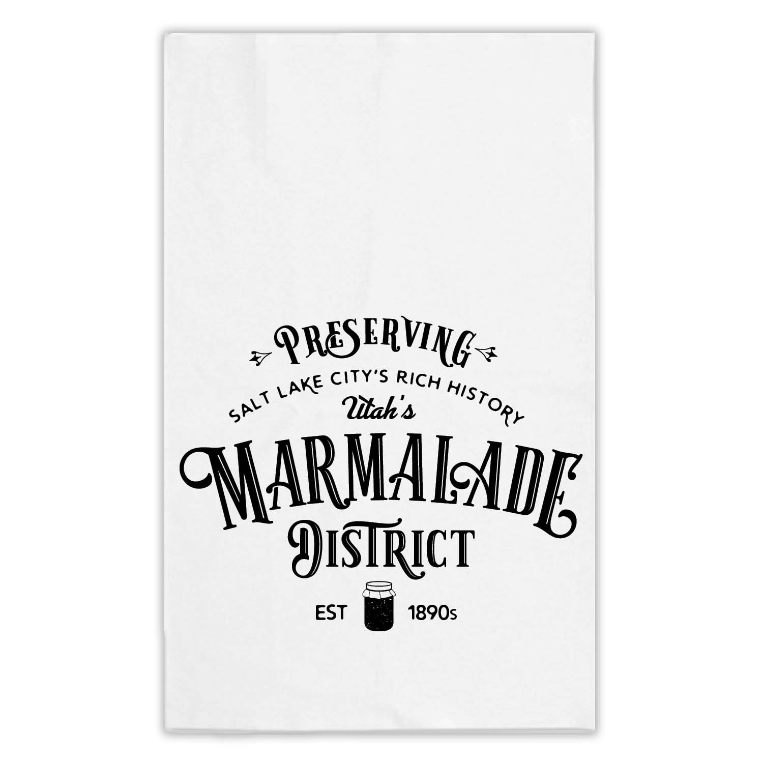 Salt Lake City Utah Marmalade District printed on a white tea towel featuring a jar of jam