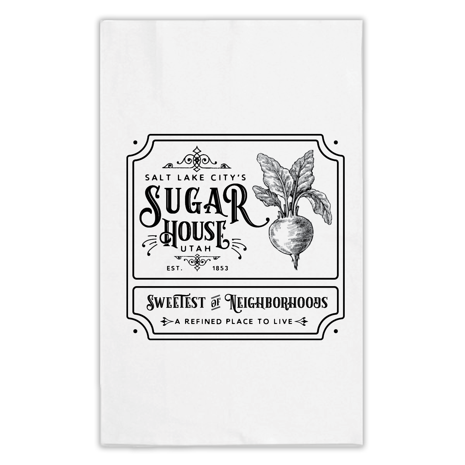 Sugar House Salt Lake City neighborhood tea towel featuring a sugar beet