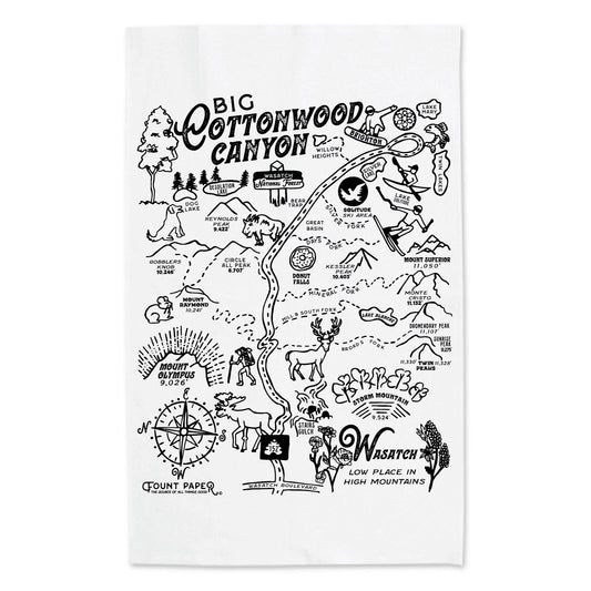 Hand drawn map of big cottonwood canyon featuring Solitude and Brighton ski resorts printed on a tea towel
